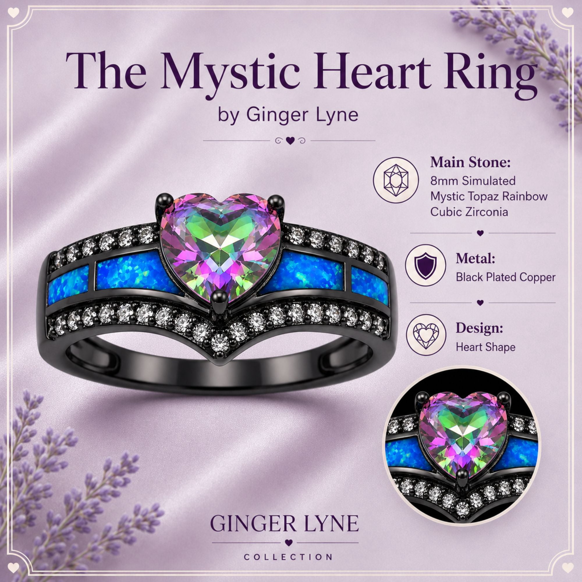 Black Engagement Ring for Women Mystic Topaz CZ Heart Promise Ring  Gift for Her Ginger Lyne