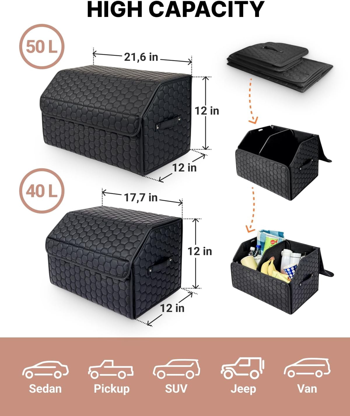 Owleys Foldable Collapsible Trunk Cargo Organizer with Lid 2 Pack 17.7 Inch and 21.6 Inch