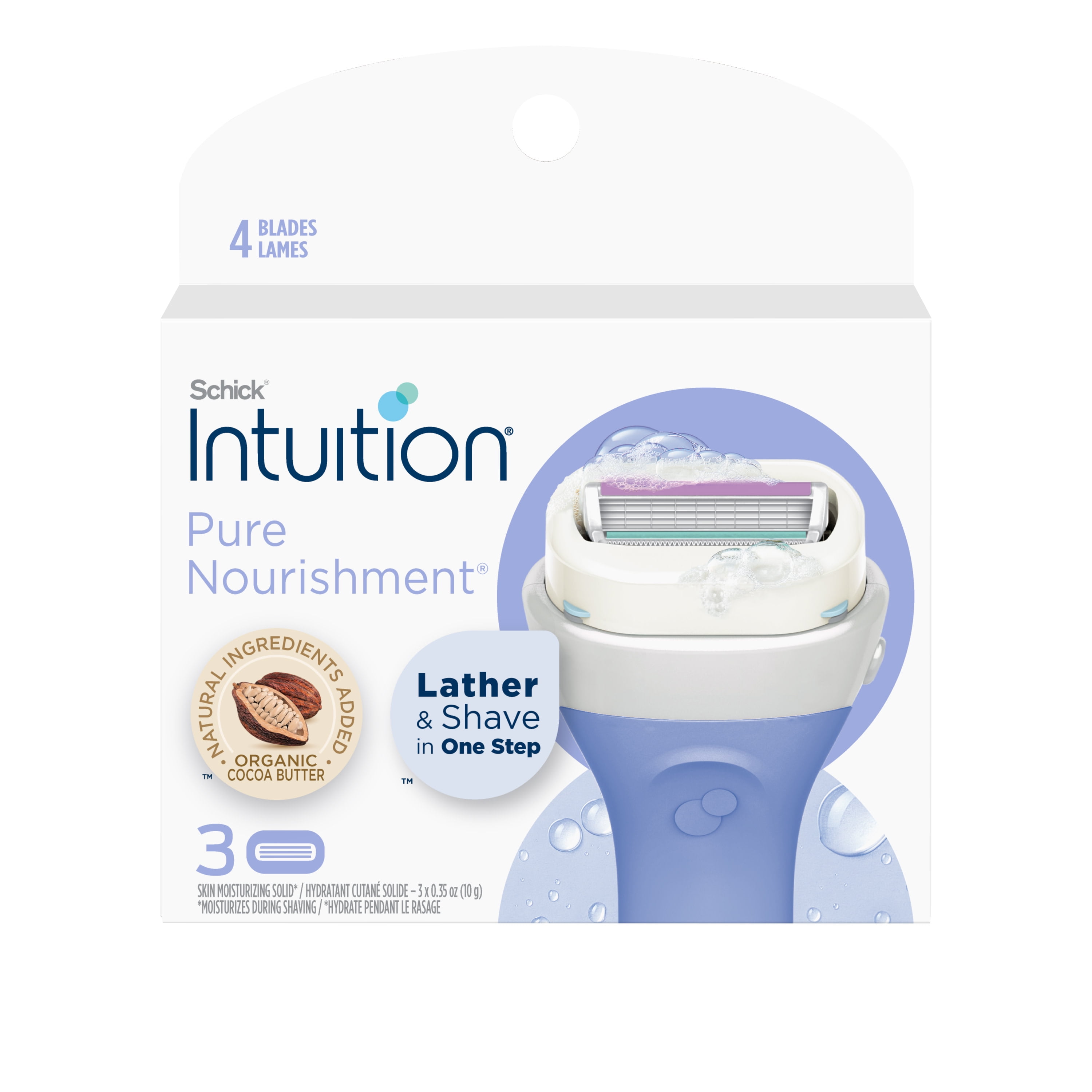Schick Intuition 4-Blade Pure Nourishment Women's Razor Blade Cartridge Refills, 3 Ct, Lather & Shave In One Step, With Organic Cocoa Butter