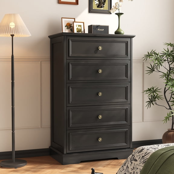5 Drawer Dresser, Wood Chest of Drawers for Bedroom, Vintage Storage Cabinet Dresser Organizer Unit with Antique Bronze Round Handles for Living Room, Closet, Hallway, Entryway