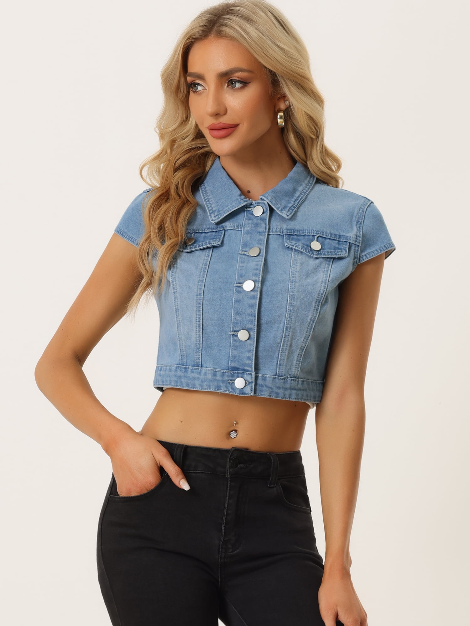 DARING DIVA Women's Cap Short Sleeve Cropped Denim Jacket L Light Blue