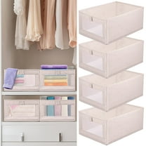 4Pcs Closet Storage Bins 15.7×10.6×6.7 Inch Clothing Bin with Clear Window Foldable Closet Organization Cotton Linen Wardrobe Storage Box Storage Organizer