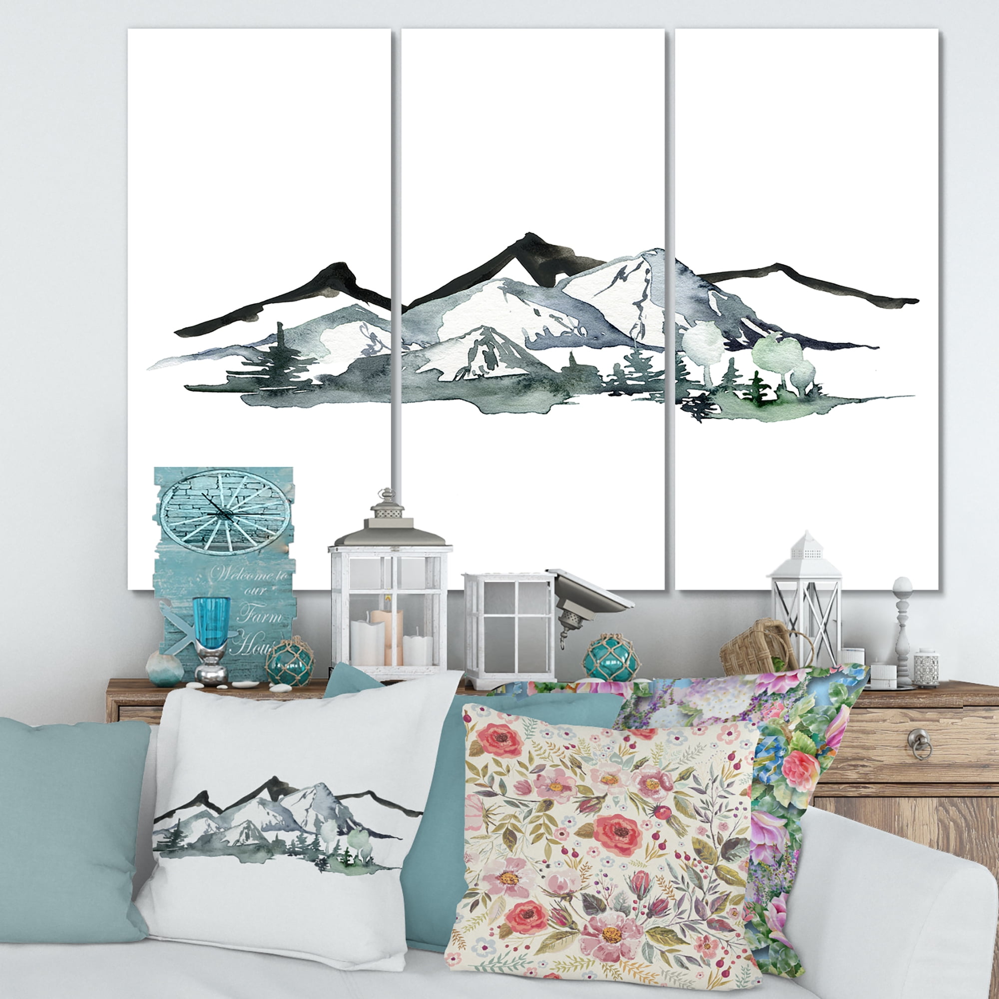 Designart ' Minimalistic Fir Forest and Winter Mountains I ' Modern Canvas Wall Art Print