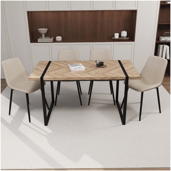 Farmhouse Dining Table and Chairs Set, 5-Pc Rectangular Table with Metal Base, Beige Suede Seating, Brown MDF Top