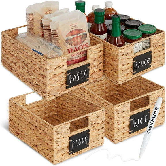 Set of 4 9x12in Water Hyacinth Pantry Baskets, Woven Organizers w/Chalkboard Label, Chalk Marker - Natural