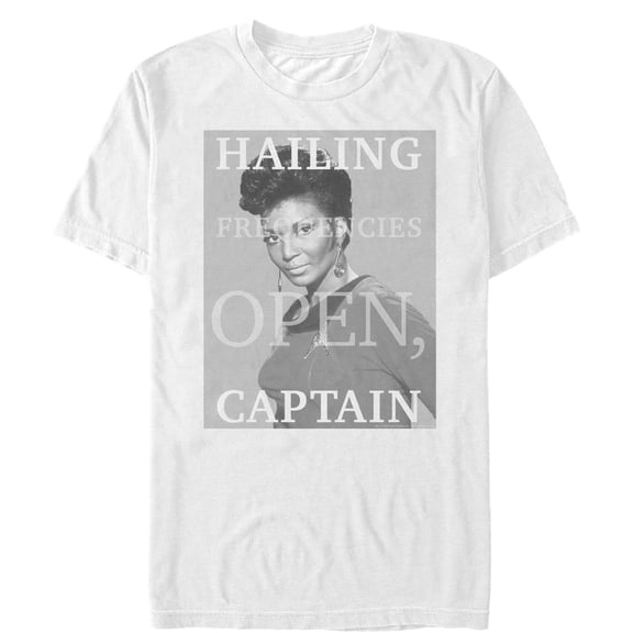 Men's Star Trek: The Original Series Uhura Hailing Frequencies Open, Captain  Graphic Tee White Small