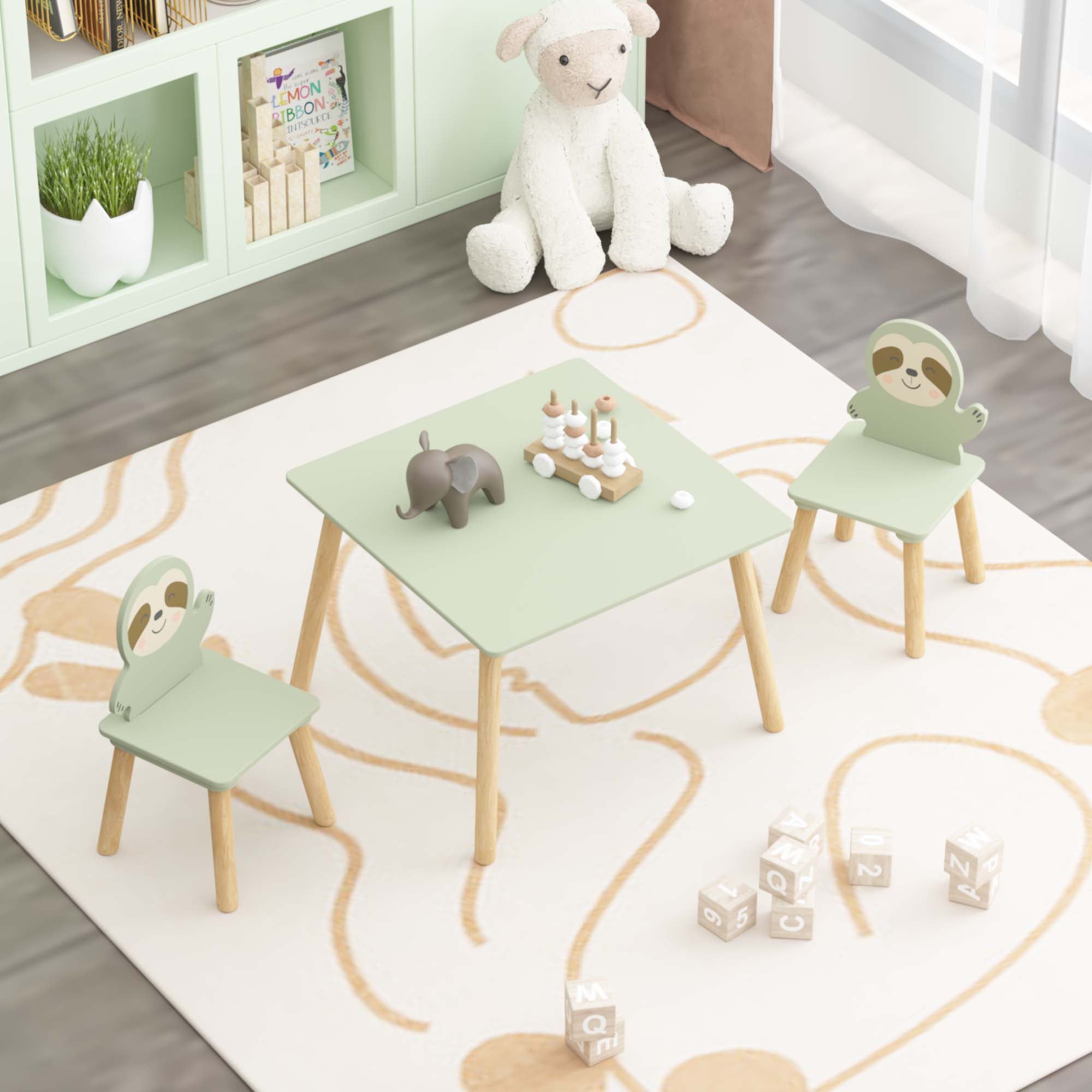 iRerts Kids Table and Chair Set, Animal Themed Kids Wooden Table and 2 Chairs Set, Kids Activity Play Table Set for 3-6 Year Old, Toddler Table and Chair Set for Reading, Drawing, Jigsaw Puzzles