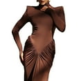 thumbnail image 3 of Women'S Elegant Slim-Fit Long Dress with High Neck, Long Sleeves & Pleated Backless Detail Brown S, 3 of 9