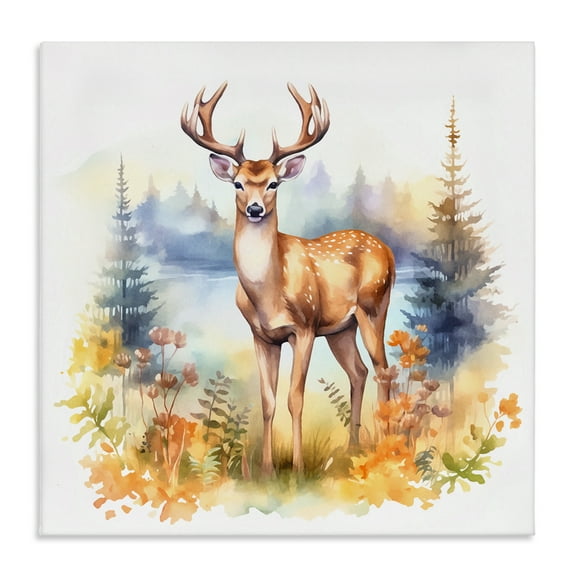 Stupell Industries Wild Deer in Forest Animals Painting Wrapped Canvas Art Print Wall Art, 17 x 17
