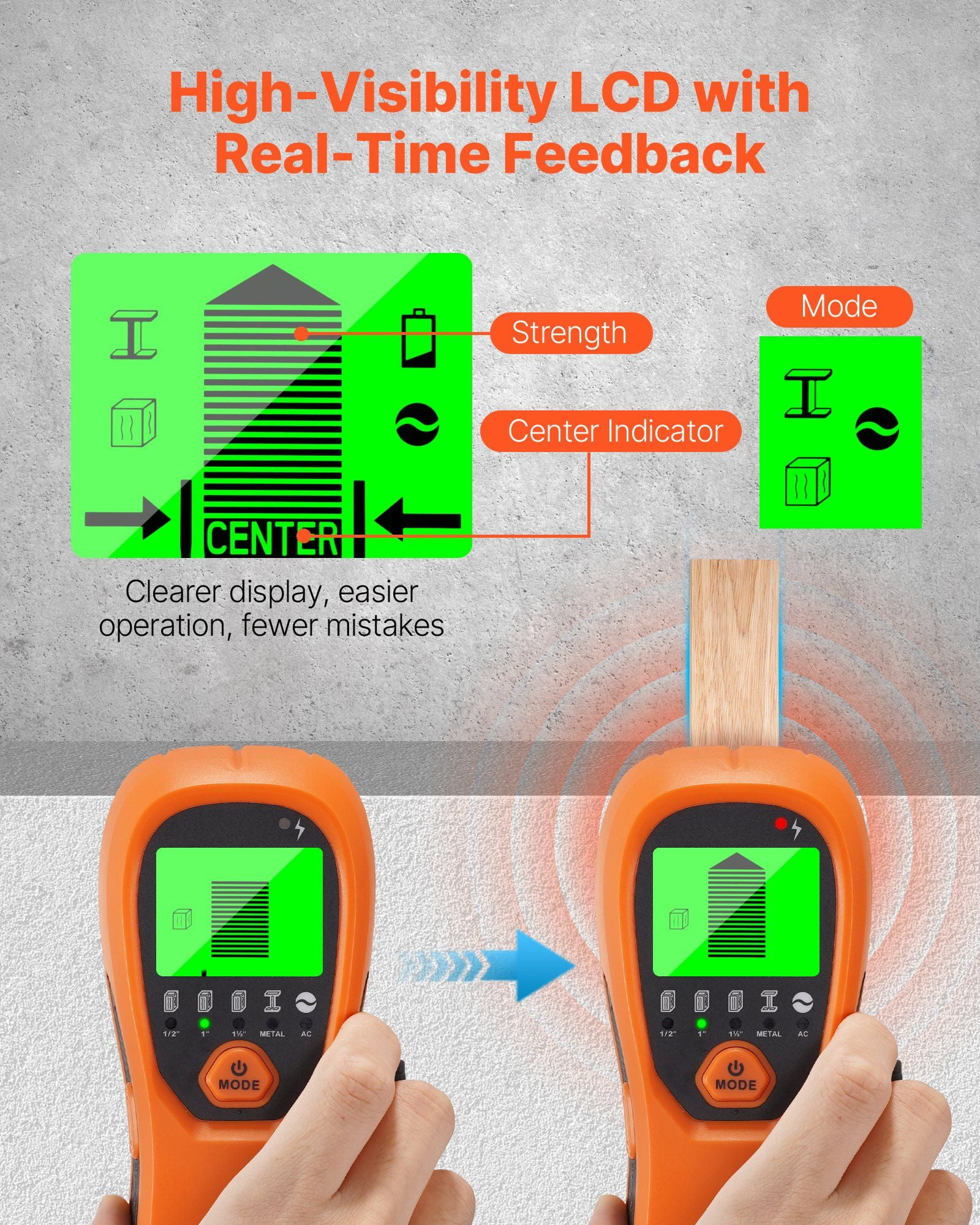 5 in 1 Electronic Wall Stud Detector with Smart Sensor HD LCD Display Audio Alarm for Metal AC Wire Joists Pipes Center Edge Detection Orange