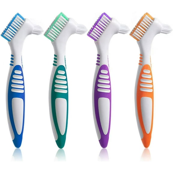 Denture Brush 4Pcs Denture Toothbrushes，Denture Cleaning Care Cleaning Brush ，Double Sided Toothbrush，Multi-Layered Bristles and Rubber Anti-Slip Handle (Purple, Green, Blue, Orange)