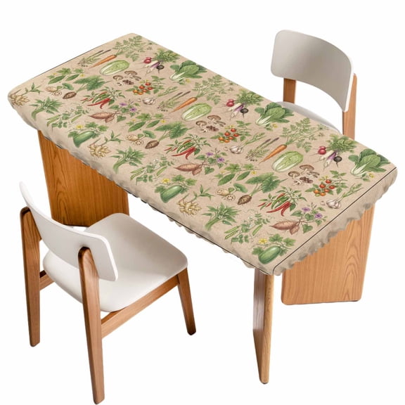 Rustic Vegetable Garden Table Cloths for 3 Foot Rectangle Tables, Vintage Farmhouse Plants Beige Patio Waterproof Elastic Fitted Tablecloths, Washable Rectangular Table Cover for Camping