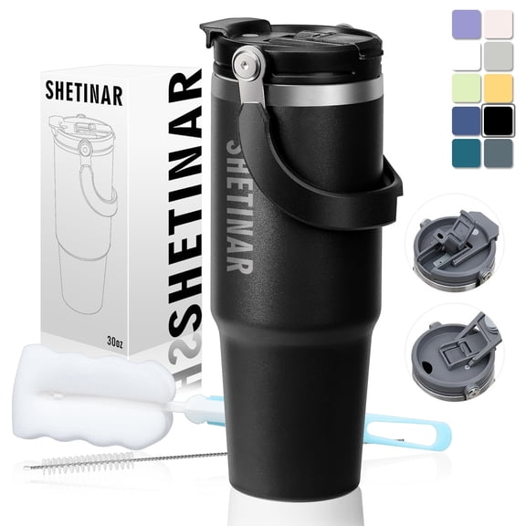 SHETINAR 30 oz Stainless Steel Thermos, Travel 2-in-1 Lid and Straw, Double Wall Insulated, Spill-Proof Lid, Perfect for Hot and Cold Drinks,Black