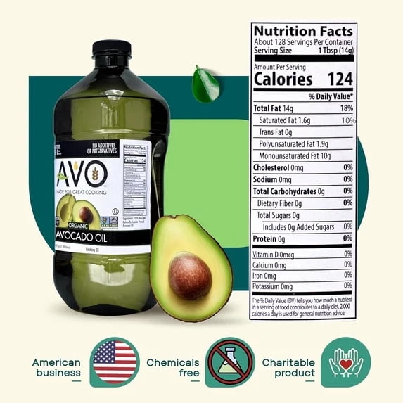 Organic AVOCADO Oil Frying, Baking, Salads, Vinaigrette, Pan Coating, Cooking 64 Fl-oz