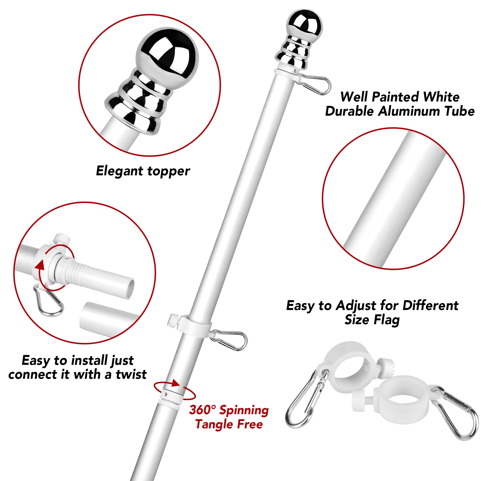 Tangle Free Spinning Flag Pole Aluminum 6FT Two Piece Design Durable, Rust Free & Wind Resistant Professional American Flagpole for House Estate, Garden and Commercial (Classic White)
