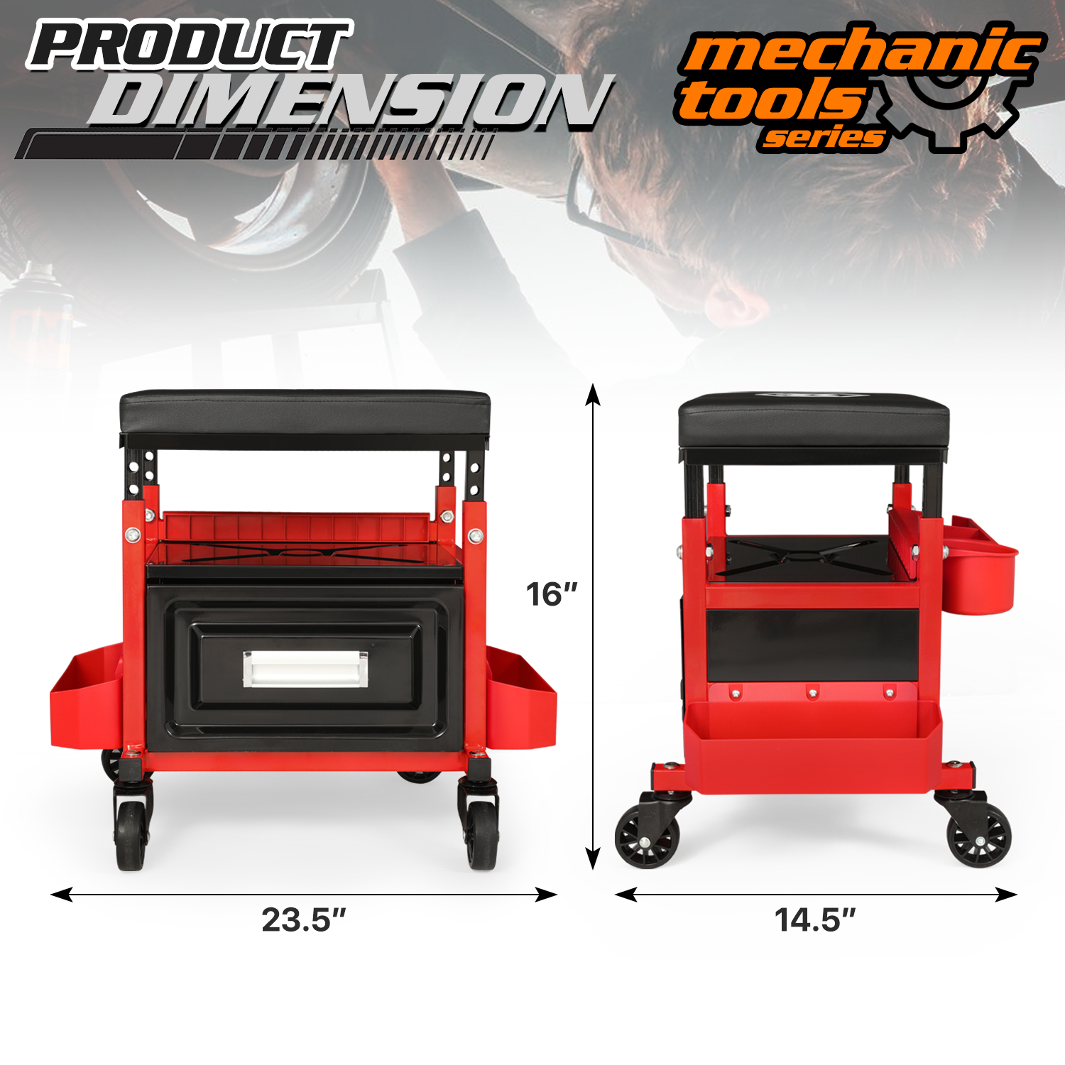 M-AUTO Adjustable Rectangular Roller Tool Box Padded Chair with Storage Tool Tray & Cabinet, 350 lbs Capacity with Casters - Red