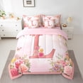 thumbnail image 3 of Homewish Pink Letter L 7pcs Bedding Comforter Set,Monogrammed Theme Queen Bedding Sets,Country Floral Cartoon Rose Queen Sheet Sets For Girl Teens,Ultra Soft Bedroom Decor Reversible, 3 of 9