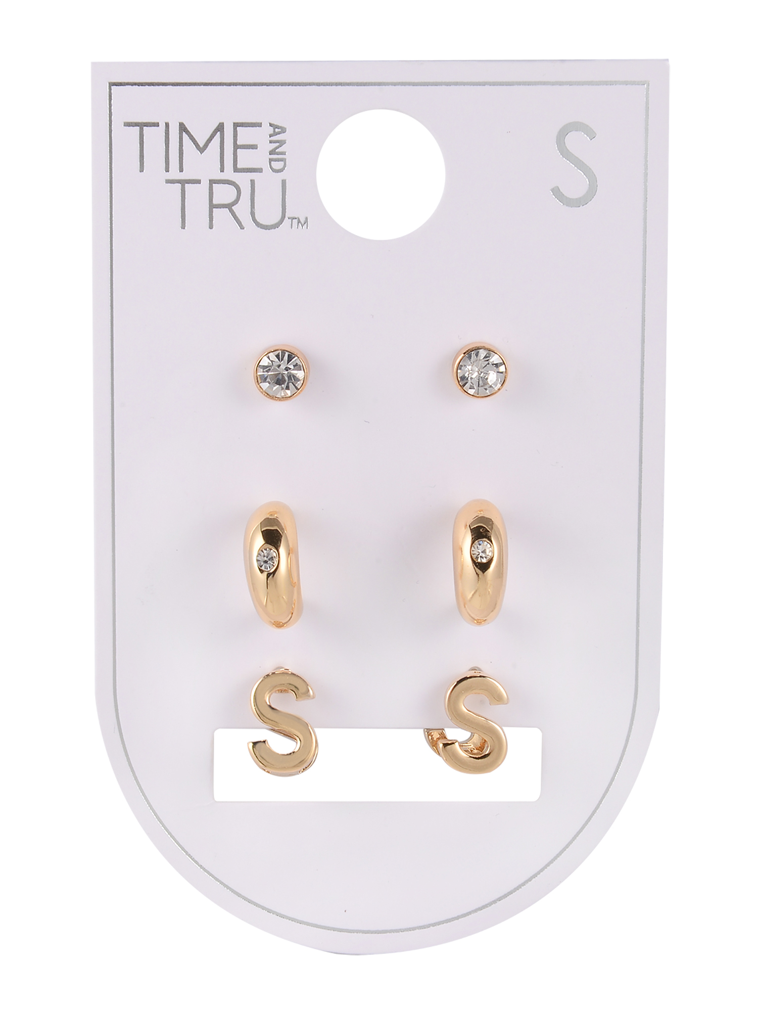 Time and Tru Goldtone 3-On Crystal Stud, Hoop, Initial "S" Earring Set