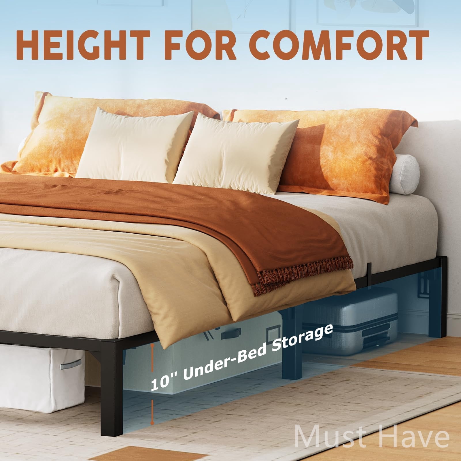 Jojoka Queen Size Metal Bed Frame 10 Inch High, Heavy Duty Platform with 800 lbs Support, No Box Spring, Easy Tool-Free Assembly, Noise-Free Design