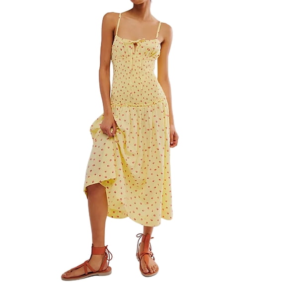 JYYYBF Women's Summer Cami Dress Floral/Strawberry Print Spaghetti Strap Tie Front Slim Bustier Midi Dresses