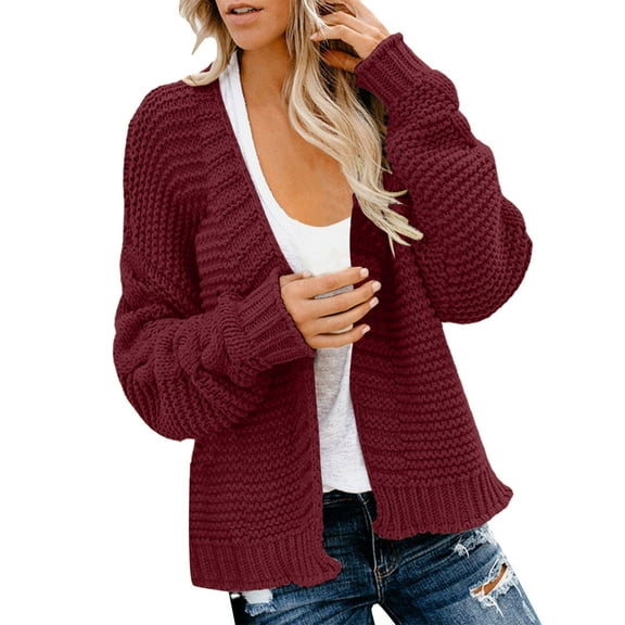 Wang6 Womens Plus Size Cardigan Sweaters Fall Pink Open Front Knit Sweater Long Sleeve Knitted Tops Causal V Neck Solid Outwear Red XL