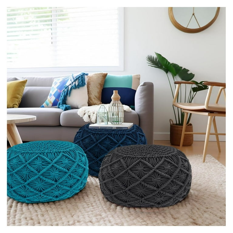 Werqueid Macrame Braided Pouf Ottoman Footrest Bean Bag Knitted Cotton Cord Comfortable Round Dori Pouf Prefilled Stuffed Boho Moroccan Accent Seating Nursery Bedroom Dorm 20 x 14 Grey Walmart