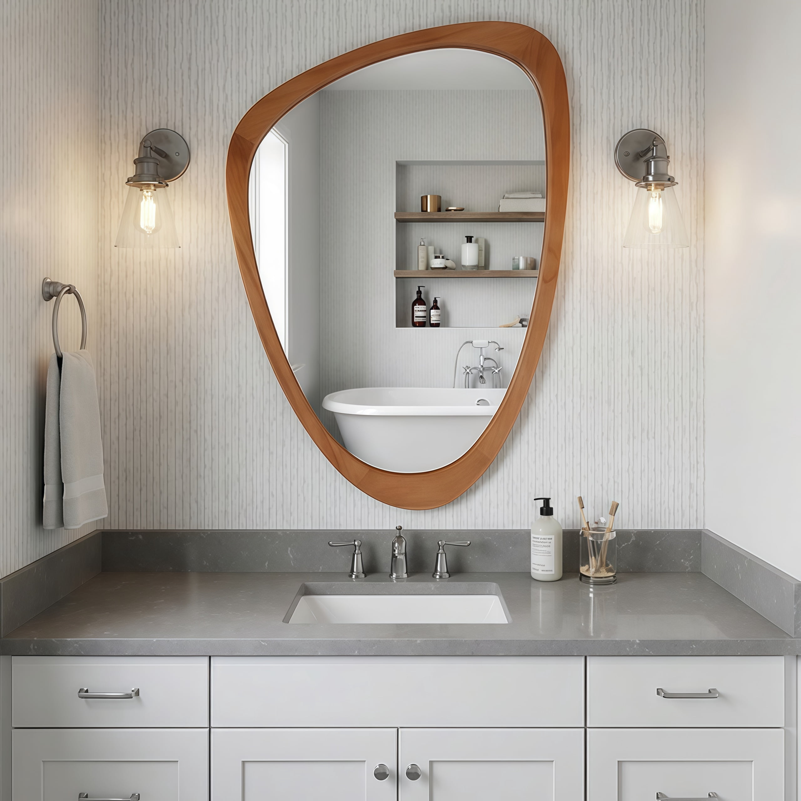 24x36-Inch Irregular Solid Wood Frame Mirror, Decorative Wall Mirror and Vanity Mirror for Bedroom Bathroom Living Room Entryway, Yellowish Brown