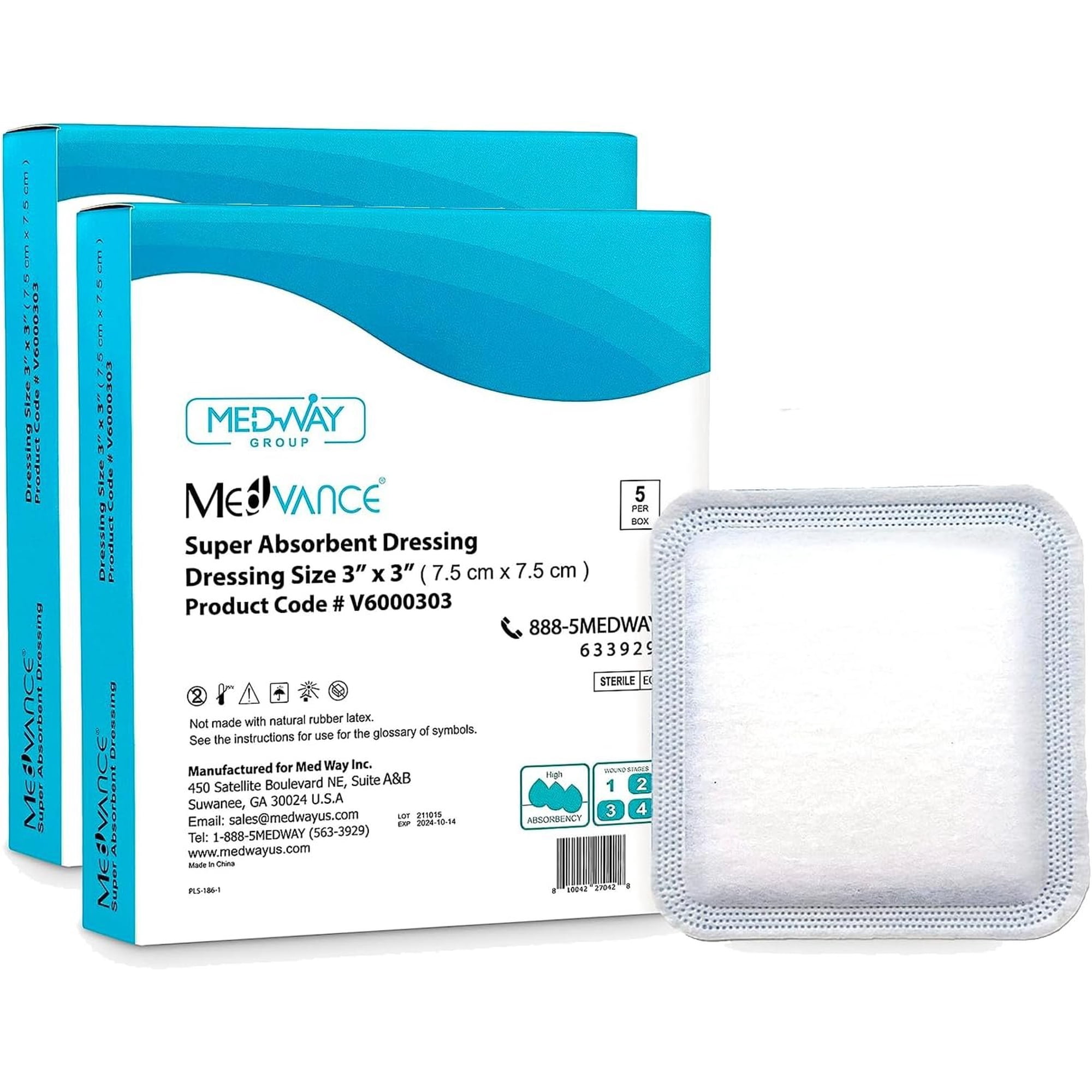 MedVance Super Absorbent Dressing, Non-Adhesive Pads for Wound Care, Pressure Ulcers & 1st/2nd Degree Burns, Superior Moisture Absorption, Box of 10 Dressings 3"x3" Bandage, 1.75"x1.75" Pad