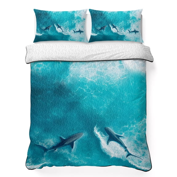 Ocean Creature 3 Piece Quilt Bedding Set with 2 Pillow Shams, Blue Shark Sea Animal Watercolor Summer Lightweight Bedspread Coverlet, Soft Breathable All Season Quilt, 68 x 86 Inch