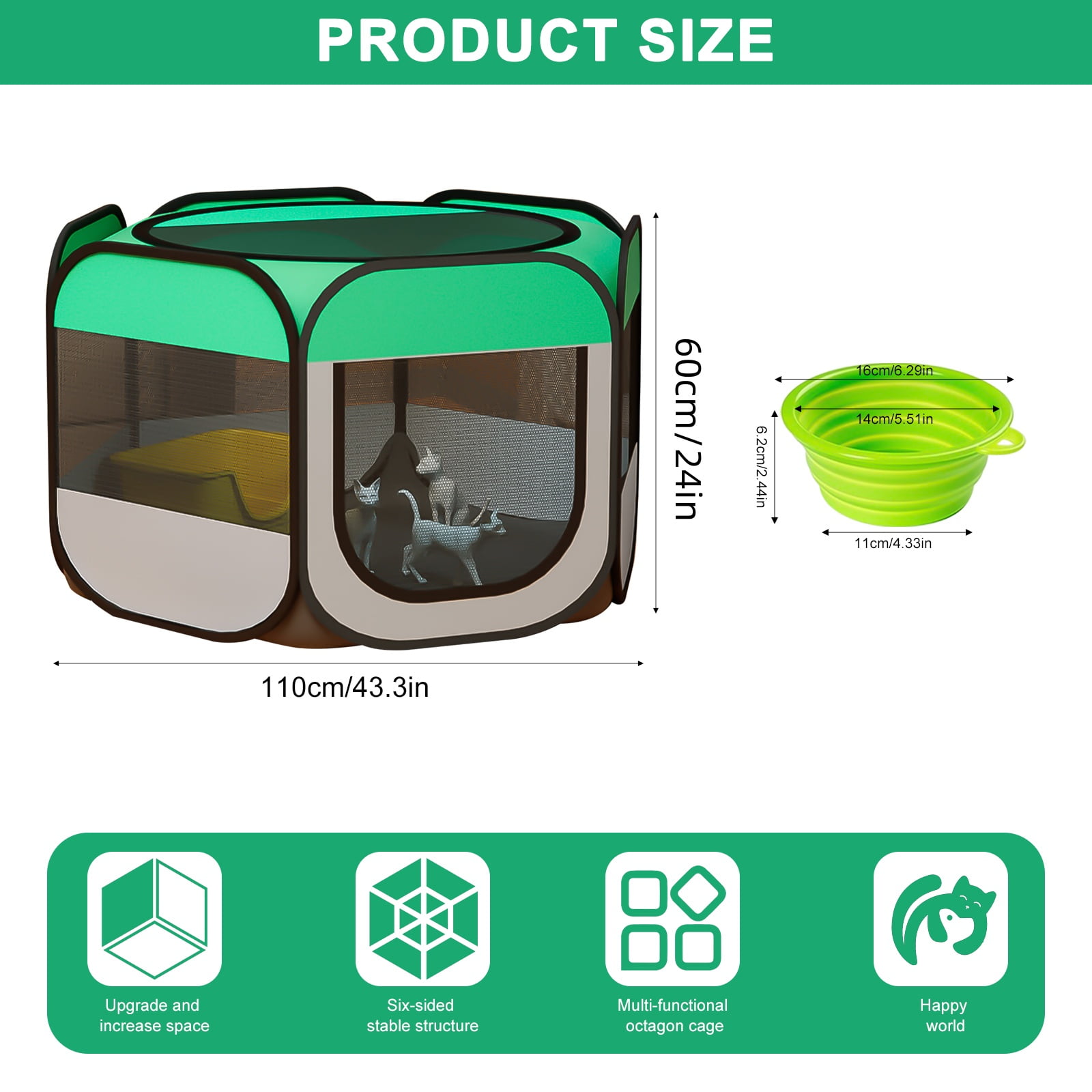 SPOKKI 43.3in Pet Playpen Pop-Up Dog Playpen, Folding Soft Dog Crate Portable Waterproof Outdoor Playpen for Dog Cat Chicken Recovery w/Bowl, Durable for Travel