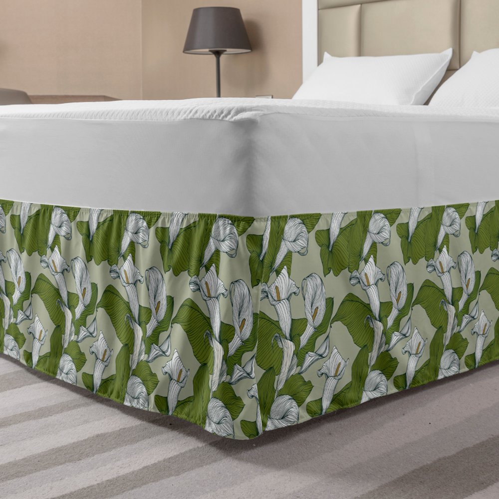 Green and White Bed Skirt, Abstract Calla Lily Flowers in White with
