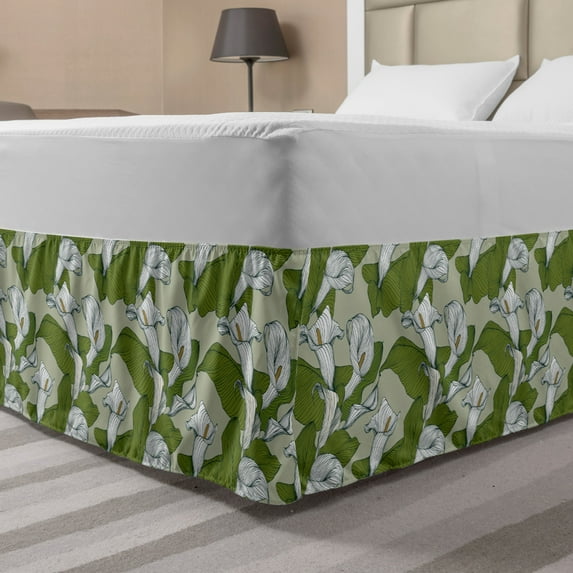 Green and White Bed Skirt, Abstract Calla Lily Flowers in White with Green Leaves, Elastic Bedskirt Dust Ruffle Wrap Around for Bedding Decor, 4 Sizes, Olive Green Sage Green, by Ambesonne