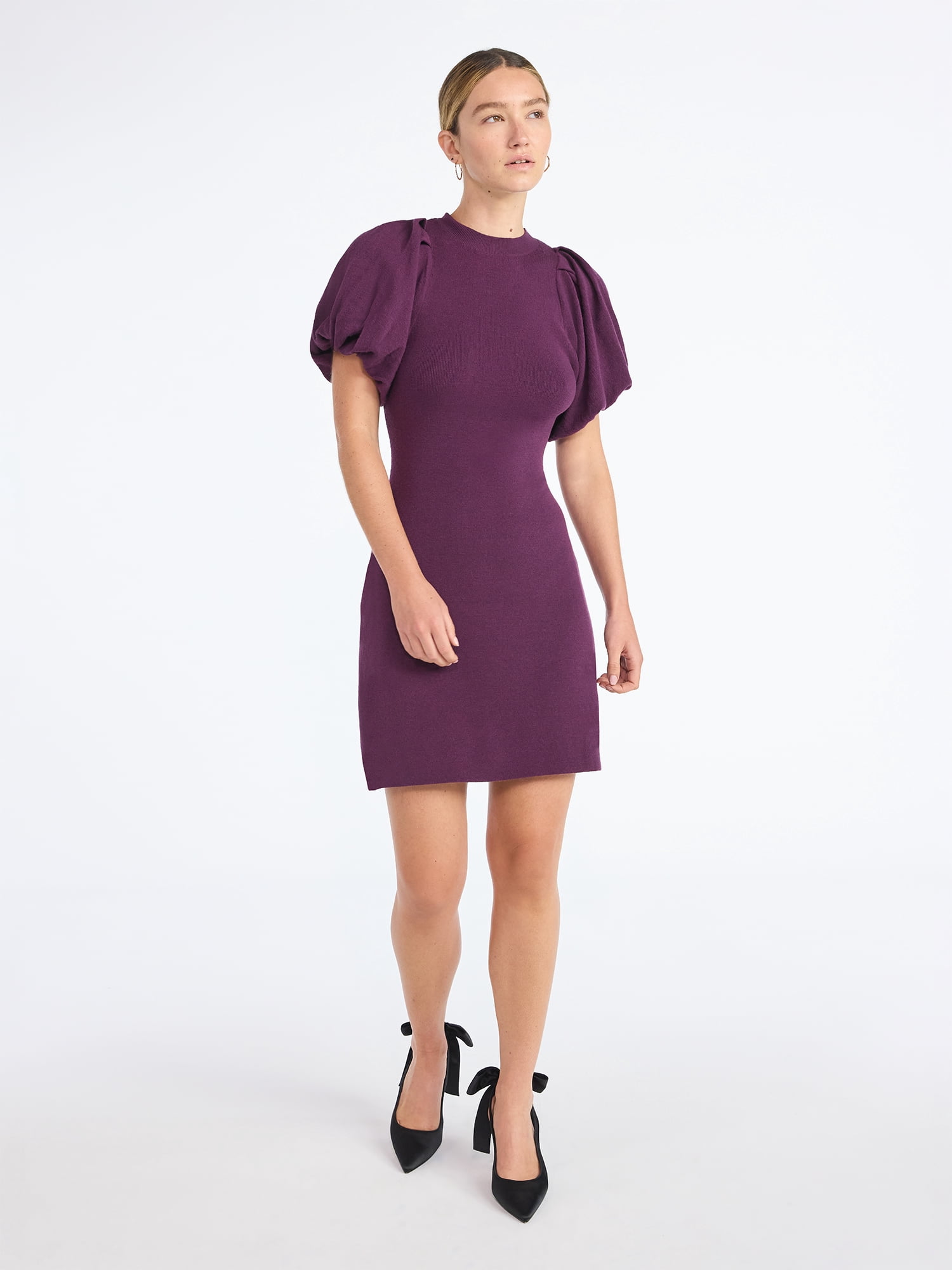Scoop Women's and Women's Plus Sweater Dress with Puff Sleeves, Sizes XS-4X