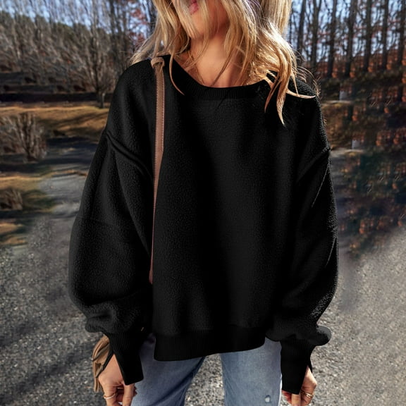 Women's Oversized Fleece Lined Sweatshirt, Loose Crewneck Lantern Long Sleeve Pullover Drop Shoulder Tunic Tops