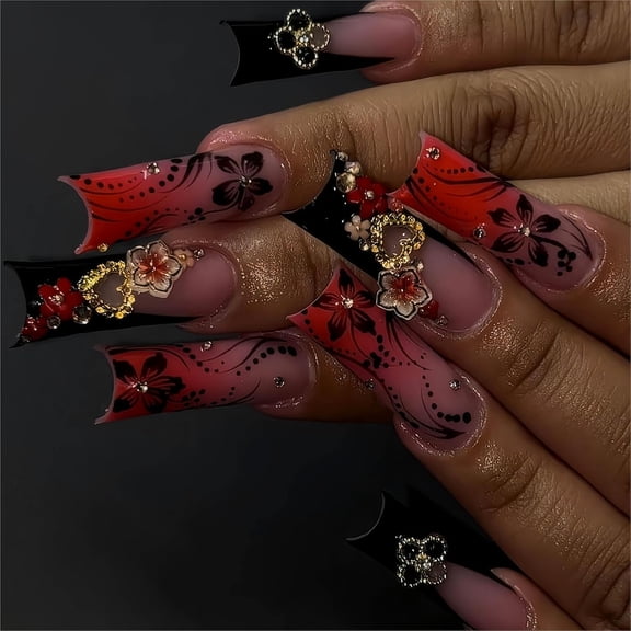 24Pcs Red French Tip Fake Nails Long Square Press on Nails pink Full Cover Glue on Nails with 3D Flower and Rhinestones Designs False Nails Gold Metallic Heart Acrylic Nail for Women