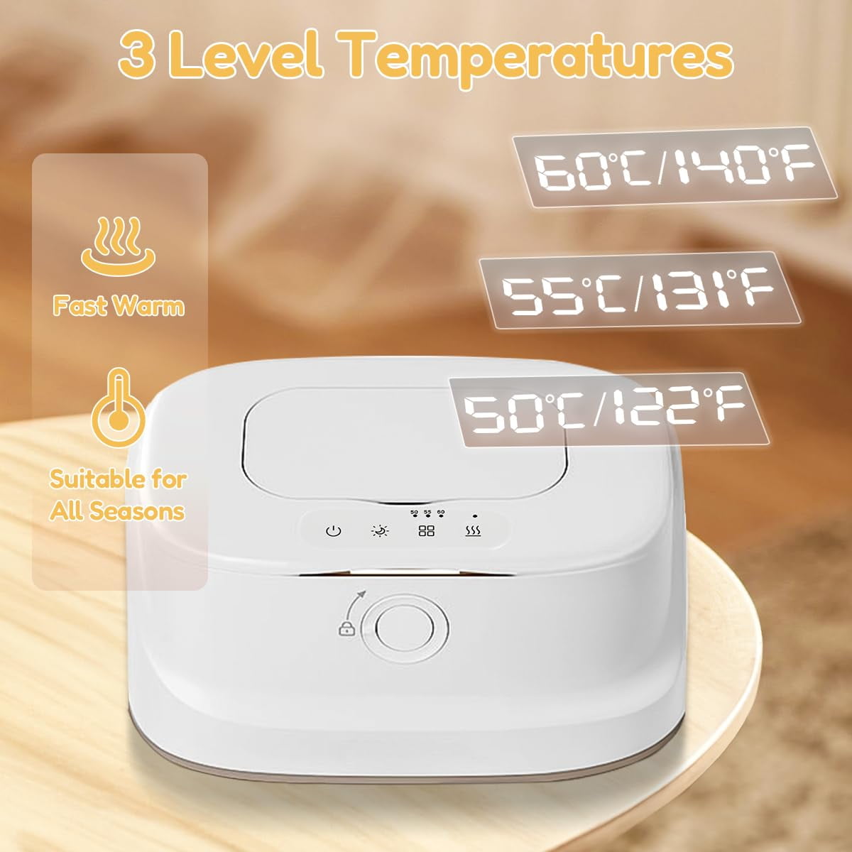 Wipes Warmer with Child Lock, Large Capacity Wipes Dispenser with Night Light, Fast and Even Heating, 4 Modes of Temperature Heating Control,White