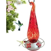 Grateful Gnome - Hummingbird Feeder for Outdoor Garden Hanging - Hand Blown Glass - Fire Flame Flower - Free Bonus Accessories S-Hook, Ant Moat, Brush and Hemp Rope Included