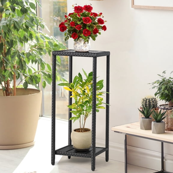 Outdoor Plant Stand 2 Tier Shelf for Patio Flower Pot Planter Stand Holder with Wicker Poly Lumber Shelves 31" Tall Corner Plant Display Rack with Adjustable Feet Heavy Duty for Balcony Porch Black