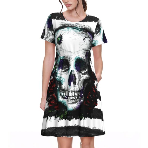 Disketp Watercolor Skull para Vestido de Manga Corta para Mujeres, Vestidos de Verano para Mujeres, Casual y Holgado para la Playa