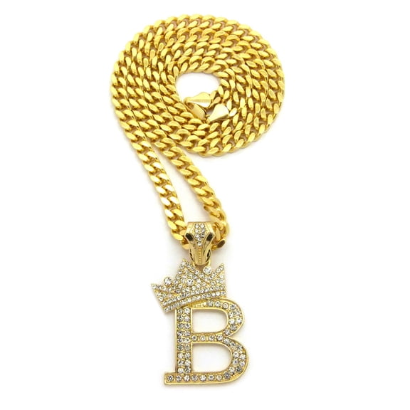 Stone Stud Allover Tilted Crown Initial B Pendant w/6mm 24" Box Cuban Chain, Gold-Tone