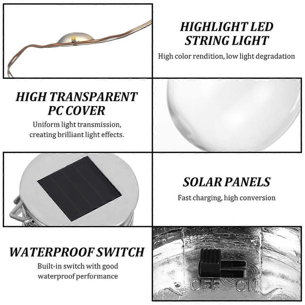 Uonlytech 2pcs Solar Powered Plastic Bulb Led Copper Wire Lights Outdoor Hanging Lamp Bulb For Garden Patio Yard (Transparent, Warm White)