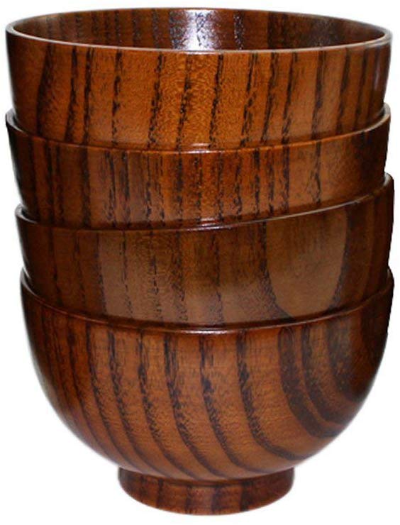 Set of 4 Japanese Style Solid Wood Bowl Children Kids Baby Serving Tableware for Salad Rice Miso