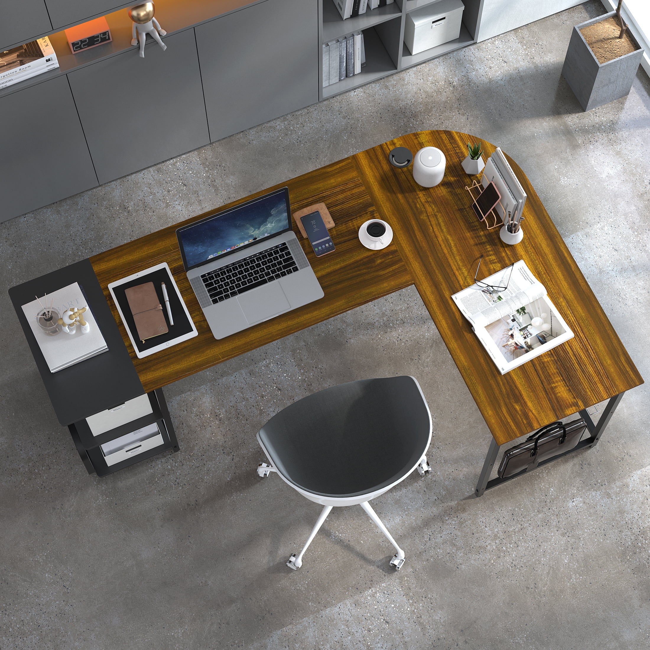 Yoneston Large 70" L-Shape Computer Desk with 2 Bookshelf Storage and Hooks, Home Office Workstation Table Furniture - Brown Teak