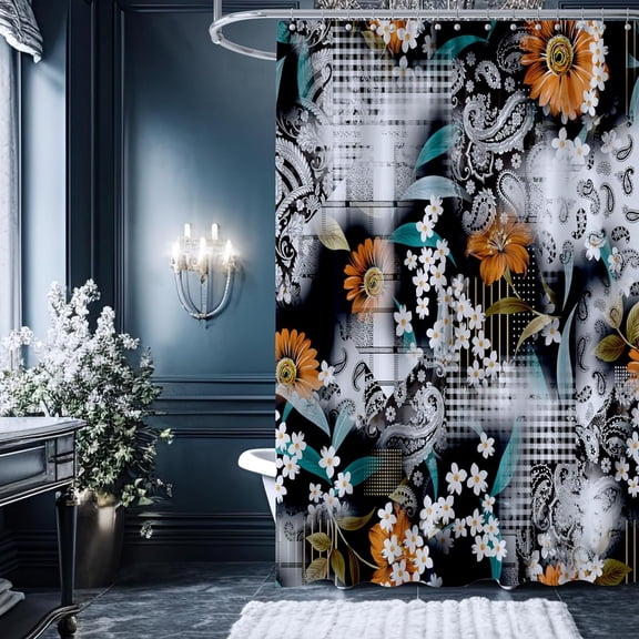 Boho Floral Shower Curtain Orange Wildflower Vintage Style Cool Fabric Shower Curtain for Any Modern Bathroom - 72x72 Inches