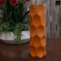 Gloss Finish Ceramic Round Cylinder Vase with Dimpled Texture – Modern Decorative Flower Vase for Living Room, Bedroom & Office- Orange