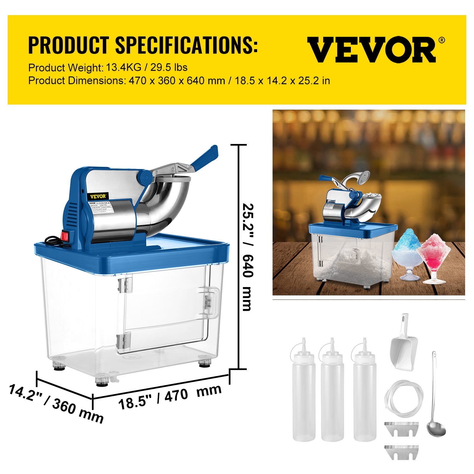 KFFKFF  110V Commercial Ice Crusher 440LBS/H, ETL Approved 300W Electric Snow Cone Machine BLUE