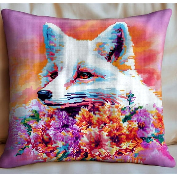 DIY Latch Hook Cushions White Fox and Flowers Latch Hook Kits Animals 3D Pillow Materials Package Cover Latch Hook Kits Cushion Embroidery Set Craft Home Decoration 17x17 inches