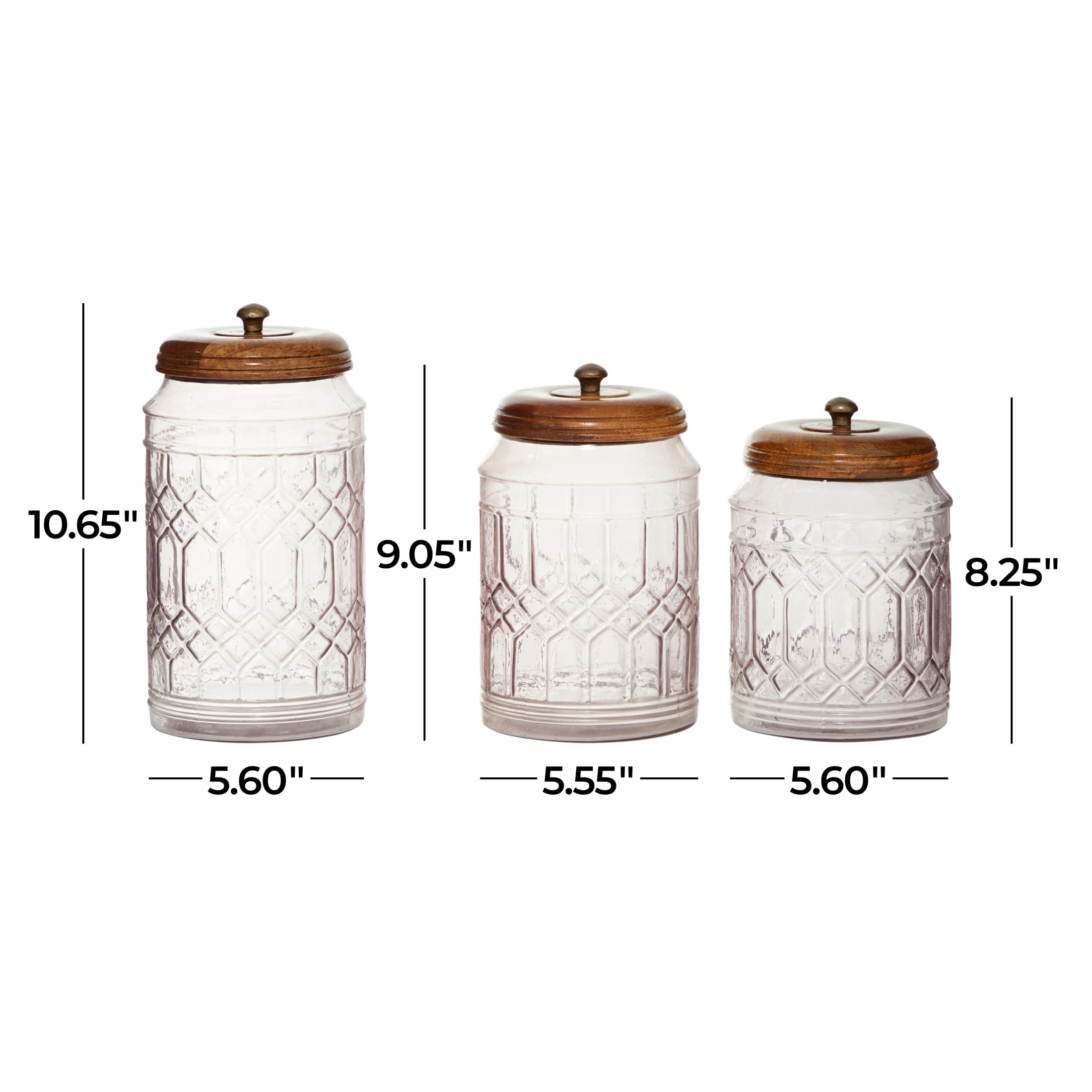 DecMode 8", 9", 11"H Clear Glass Decorative Jars with Wood Lids, 3-Pieces
