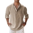 thumbnail image 2 of Men's Cotton Linen Henley Shirts Long Sleeve Button Up Plus Size Tops Summer Casual Loose Hippie Beach T-Shirts Khaki XXL, 2 of 4