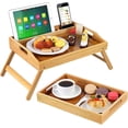 thumbnail image 1 of Paquete de 2 bandejas de mesa de cama natural con patas plegables Bandeja de comida para el desayuno con soporte para tableta de teléfono Bandeja de platos portátil para servir con asas Bandeja d, 1 of 5